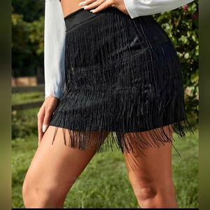Fringe Detail Straight Mini Skirt Black Size: 6